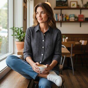 Anis A. Silk Top XL Women's Black Vintage Textured 3/4 Sleeves MOP Buttons